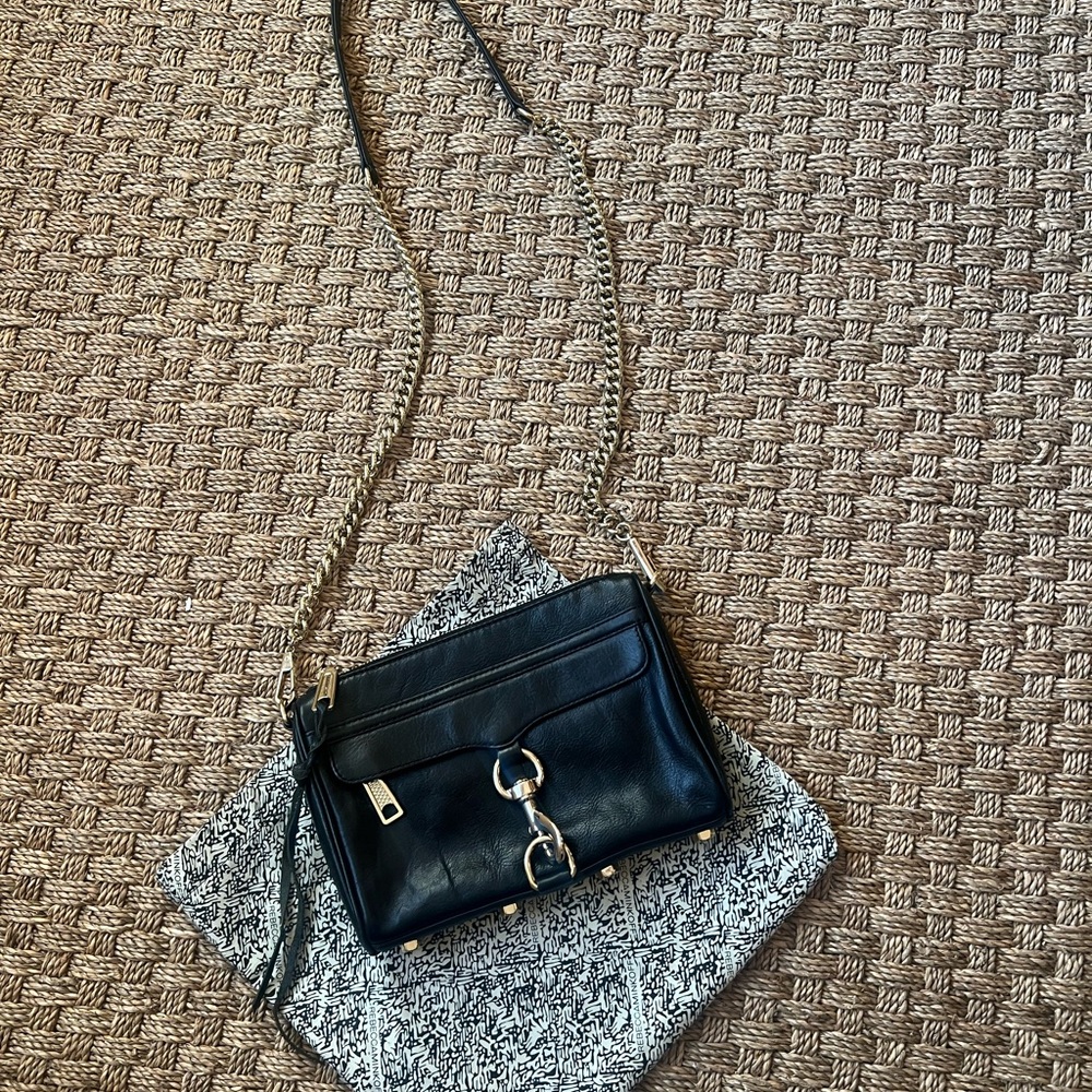Rebecca Minkoff mini MAC Leather Crossbody Bag black with gold hardware.